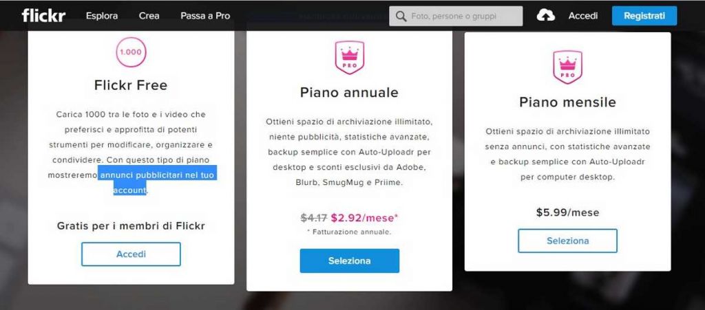 Flickr piani tariffari