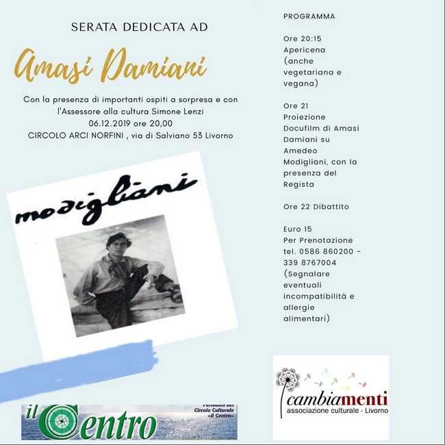 Serata dedicata al regista Livornese Damiani, proiezione del docufilm sulla vita di Amedeo Modigliani