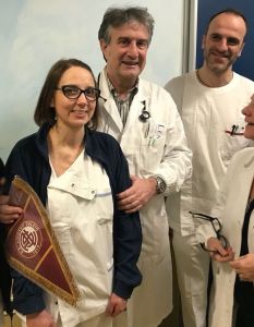 Nella foto Silvia Bacci con il primario Bertini e il coordinatore infermieristico Cerbone il giorno della inaugurazione della sala pediatrica