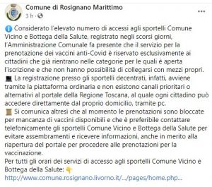 "Mancano i vaccini, prenotazioni bloccate" il Comune di Rosignano avvisa i cittadini