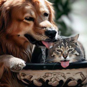cane e gatto caldo ciotola acqua assetati