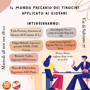 "Il mondo precario dei tirocini applicato ai giovani", martedì il dibattito organizzato dai Giovani Democratici