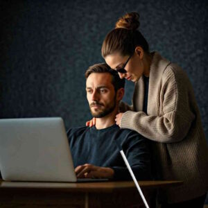 Non vedente aiuta normodotato al PC