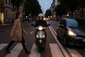 Rider sfreccia contromano e manca per un soffio una donna sulle strisce