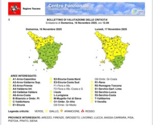 Allerta gialla per temporali e rischio idrogeologico idraulico (oggi 16 novembre dalle 21 a mezzanotte) e per vento e mareggiate 
