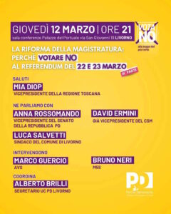 NO Referendum magistratura, incontro del PD a Livorno con la vicepresidente del Senato Rossomando, Mia Diop e Salvetti