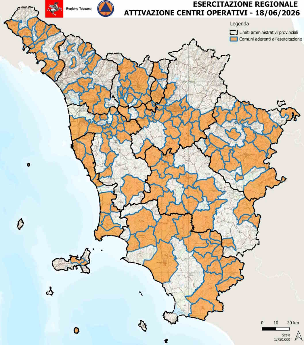 Prove di emergenza meteo in 146 comuni della Toscana. Test senza precedenti, i comuni interessati il 18 giugno