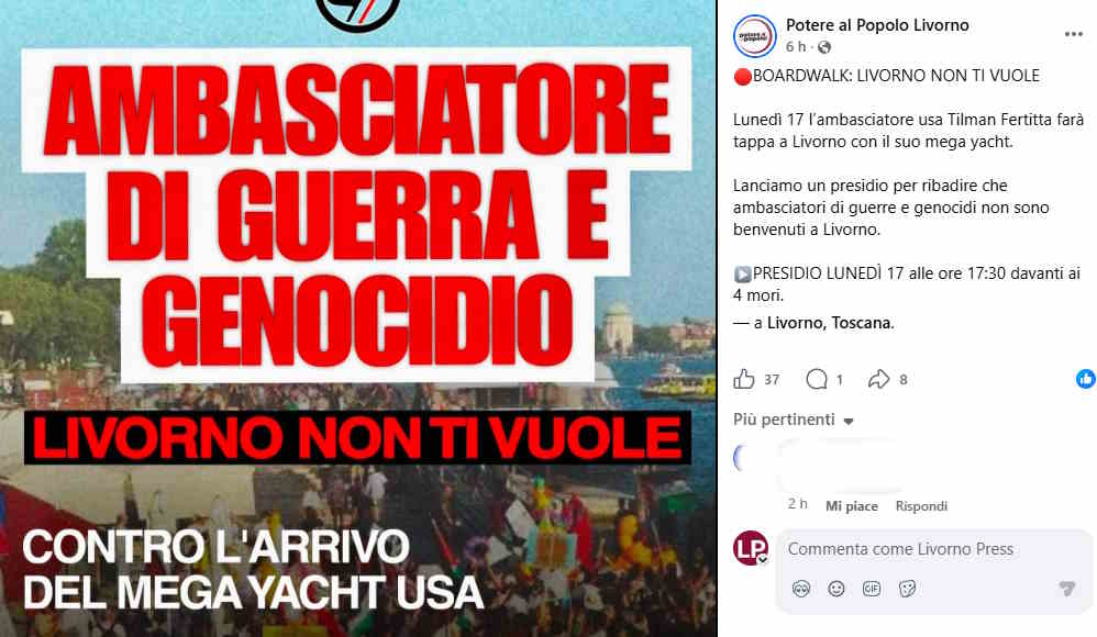 Potere al Popolo Livorno invita i cittadini al presidio contro "l'ambasciatore di guerra USA"